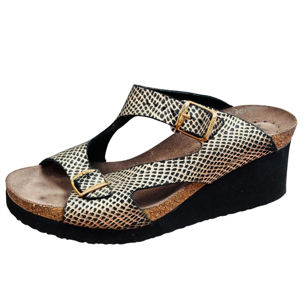 Mephisto Women Black Gold Snakeskin Leather Wedge Sandals Cork Footbed Size 39